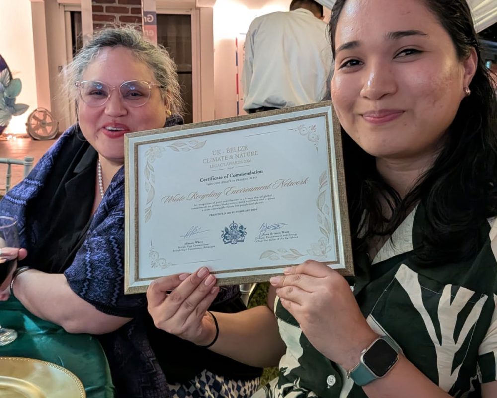 WREN team members Giselle and Maxine celebrating WREN being recognized with a Certificate of Commendation at the UK-Belize Climate & Nature Legacy Awards!